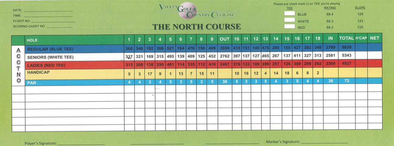 Scorecards – Valley Golf and Country Club, Inc